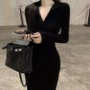 Vintage Black Bodycon Dress Retro Evening Party Elegant Wrap Long Sleeve Dresses for Women Autumn Fall V-neck Polo