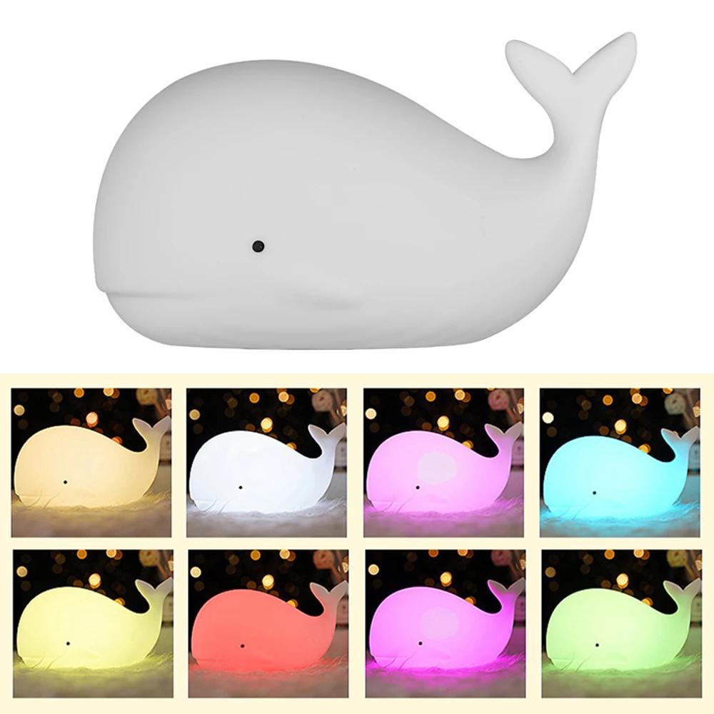 7 Colors Night Light Cute Whale Animal Silicone USB Rechargeable Nightlights Room Decorations Table LED Lamp Gifts For Children