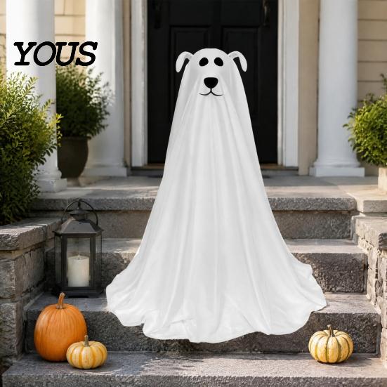 Lighted Ghost Dog for Entryway Halloween Decoration, Battery Operated Freestanding Spooky Cute Figurine with Remote And String Light Front Door,