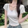 Front Shoulder Floral Short Sleeve Bow Design Print Pure Desire New Summer Short Hot Girl Fungus Trim Top