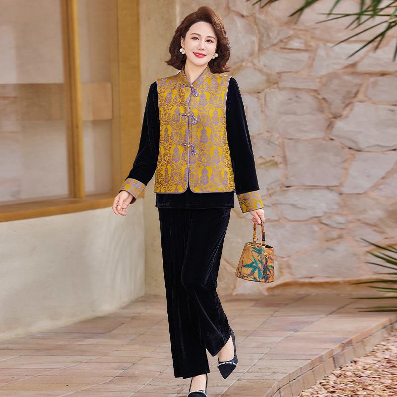 Elegant Gold Velvet Suit for Middle-Aged Women - Spring/Autumn Vest Top, Perfect for Mother-in-Law Wedding Banquet