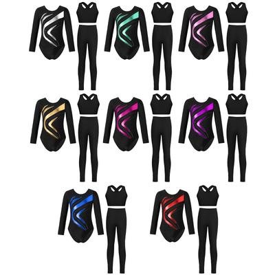 Girls Rhinestone Leotard Set Long Sleeve Metallic Cross Cutout Back Vest Leggings Gymnastics Figure Skating Outfit