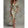 Summer New European and American Style V-neck Temperament Elegant Slim Dress Printed Ruffle Edge Dress