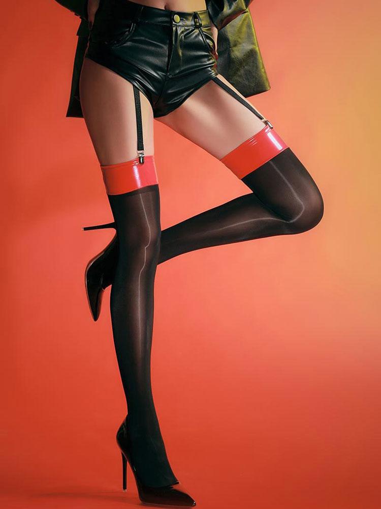 PU Patchwork Stocking Sexy Oil Shiny Glossy Vintage Above Knee Stocking Belt Garters Fashion Punk Tights