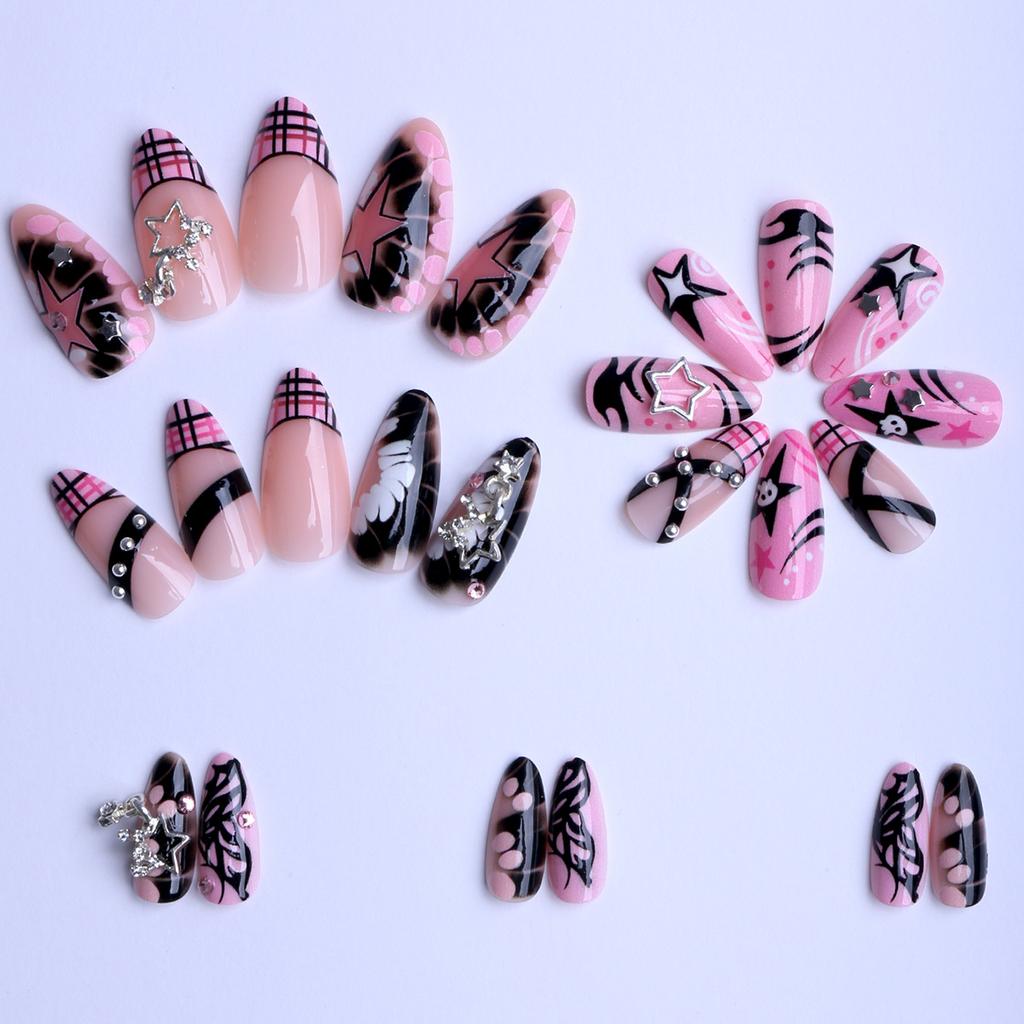 24Pcs Pink Glossy Almond French Press On Nails Y2K Metal Star Charm Sweet Cool Fake Nails