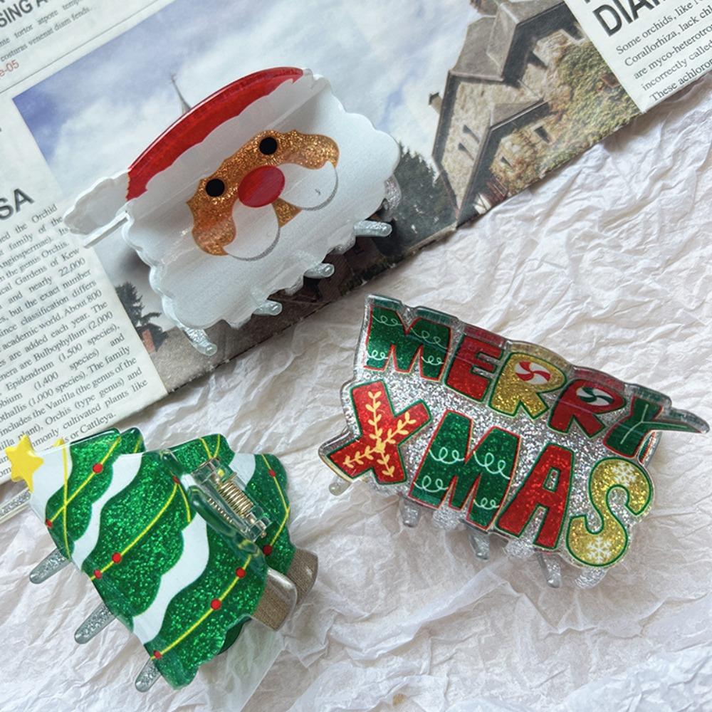 Glitter Santa Claus Shark Clip Snowhouse Cartoon Hair Grab Clip Christmas Tree Hair Claw Girl