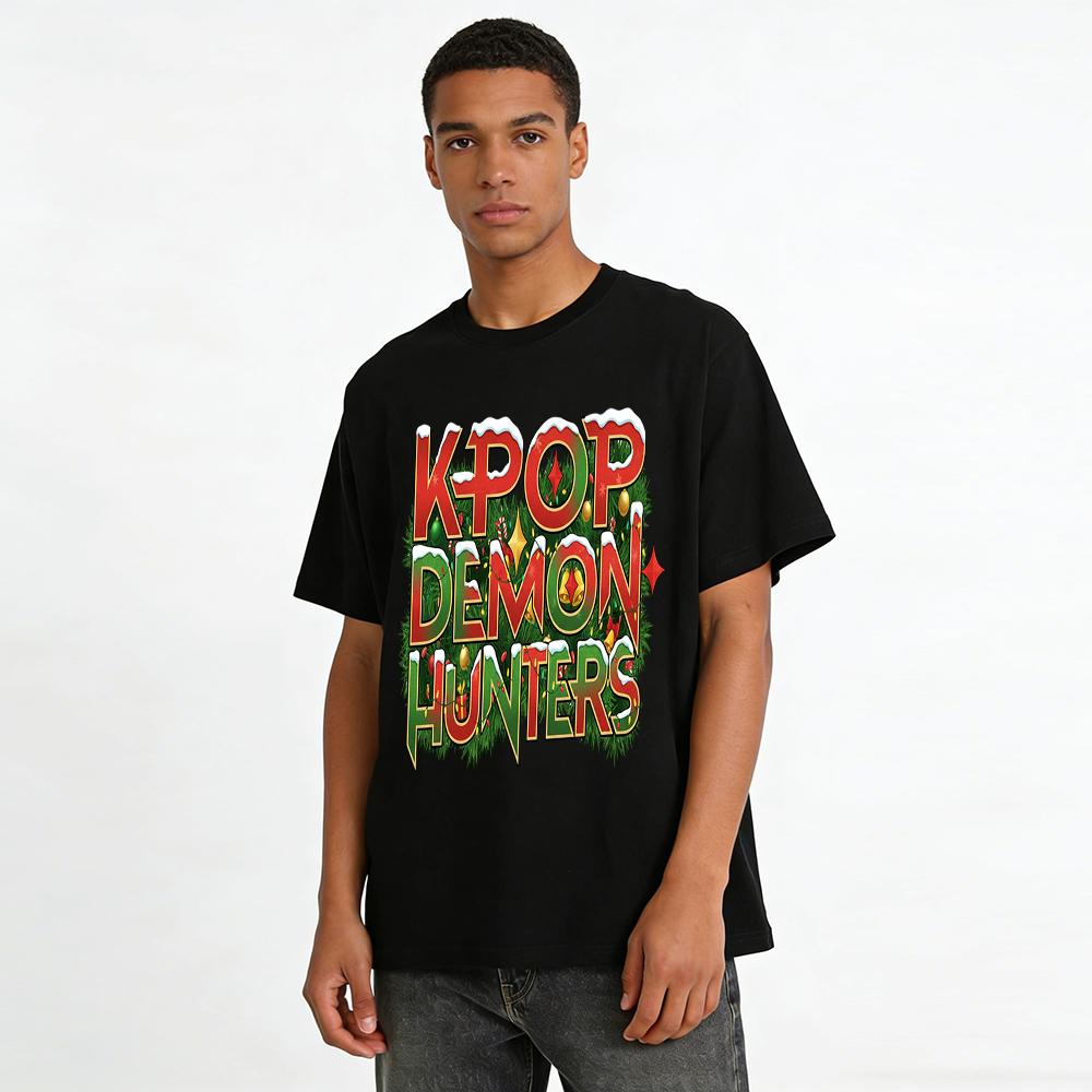 Christmas Limited KPOP Demon Hunters Printed Top K-pop Fans Festive Vibe Casual T-shirt Pure cotton T-shirt
