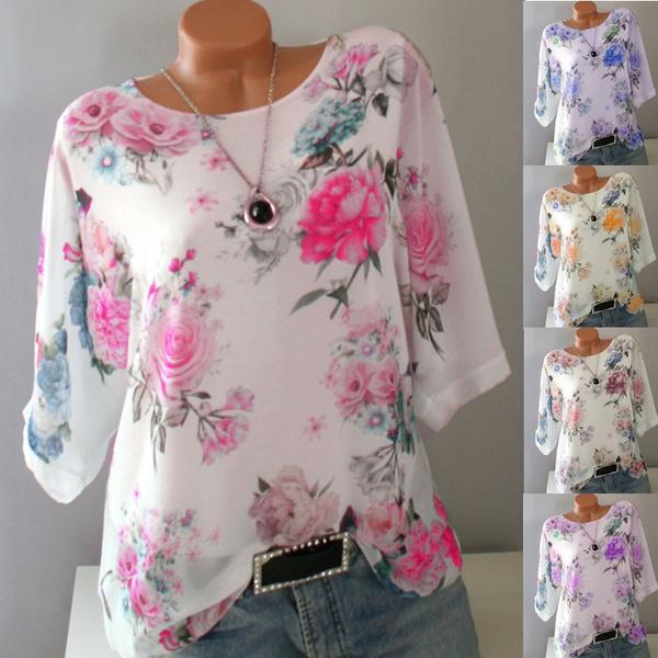 Fashion Women Round Neck Floral Print Loose Casual Chiffon Blouse Plus Size Shirts S-5XL