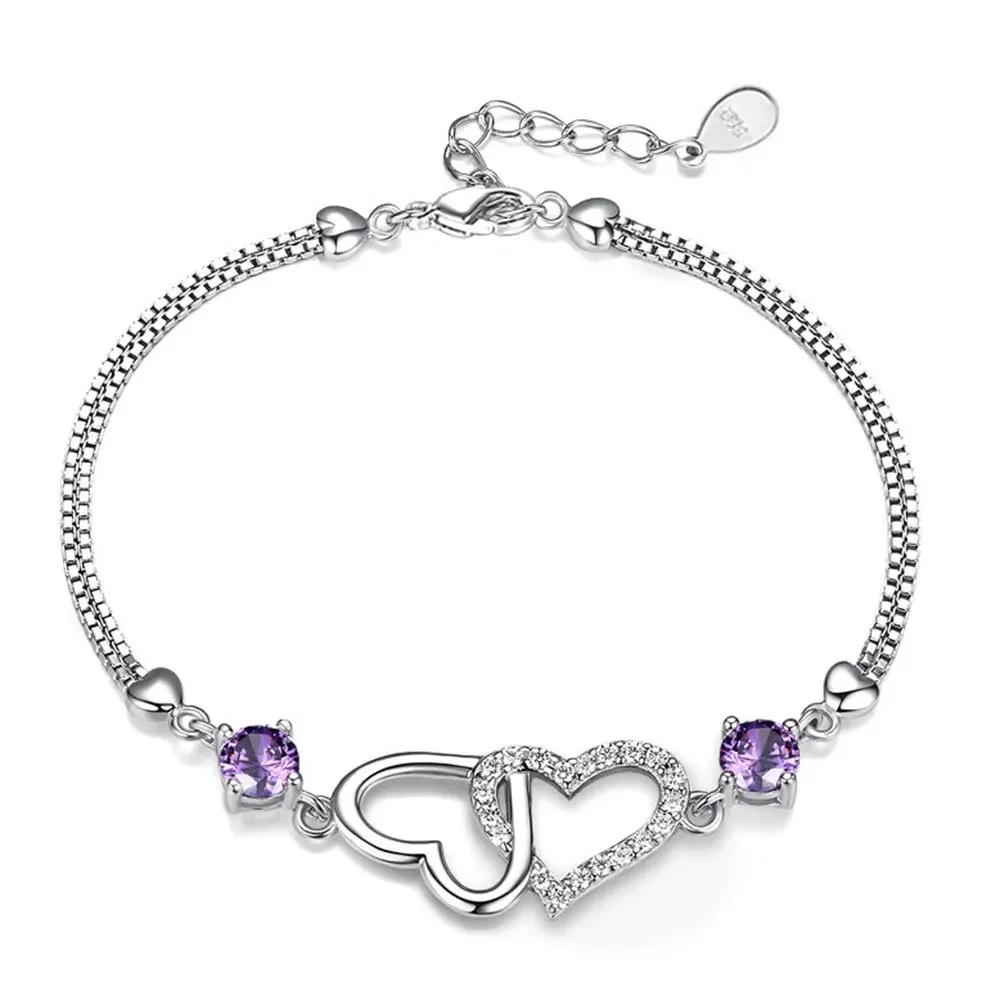 S925 Sterling Silver Bracelet Inlaid With Amethyst Embellished With Zircon Heart-Shaped Women's Bracelet Evening Luxury Jewelry
