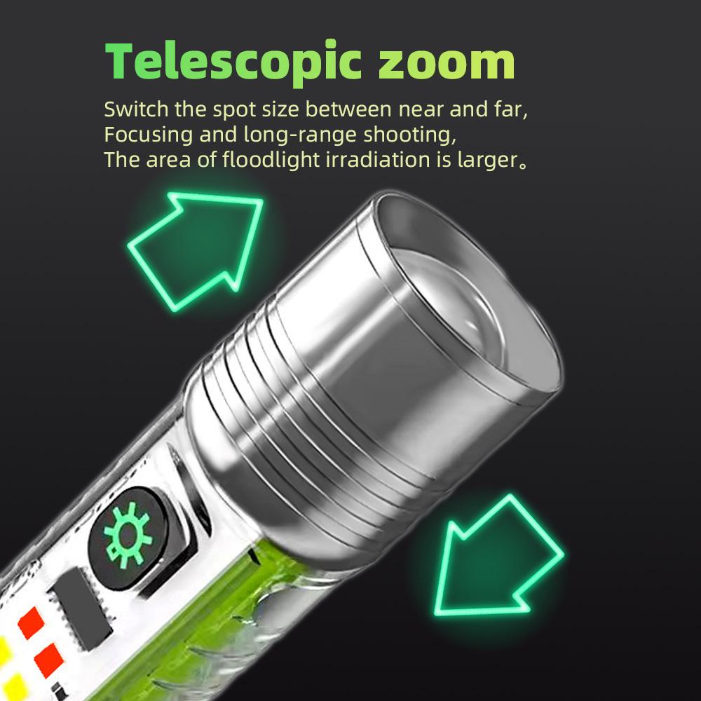 High Power LED Flashlight Zoom USB C Rechargeable Lamp with Sidelight and Tail Magnet Fluorescent Multifunction Torch UV Light