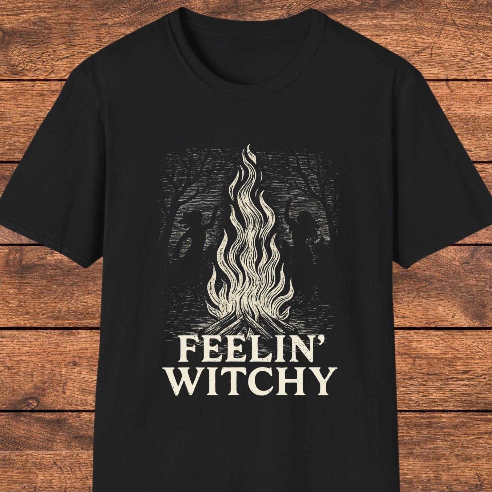 Рубашка «Чувствую себя ведьмой», Футболка в эстетике Witchcore, Винтажная футболка с ведьмой у костра S
