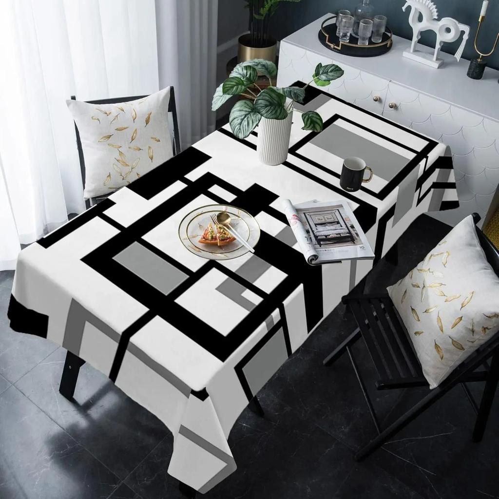 Elegant Black and White Grey Geometric Print Tablecloth - Rectangular Polyester Dining Table Cover for Festive Party Table Decor