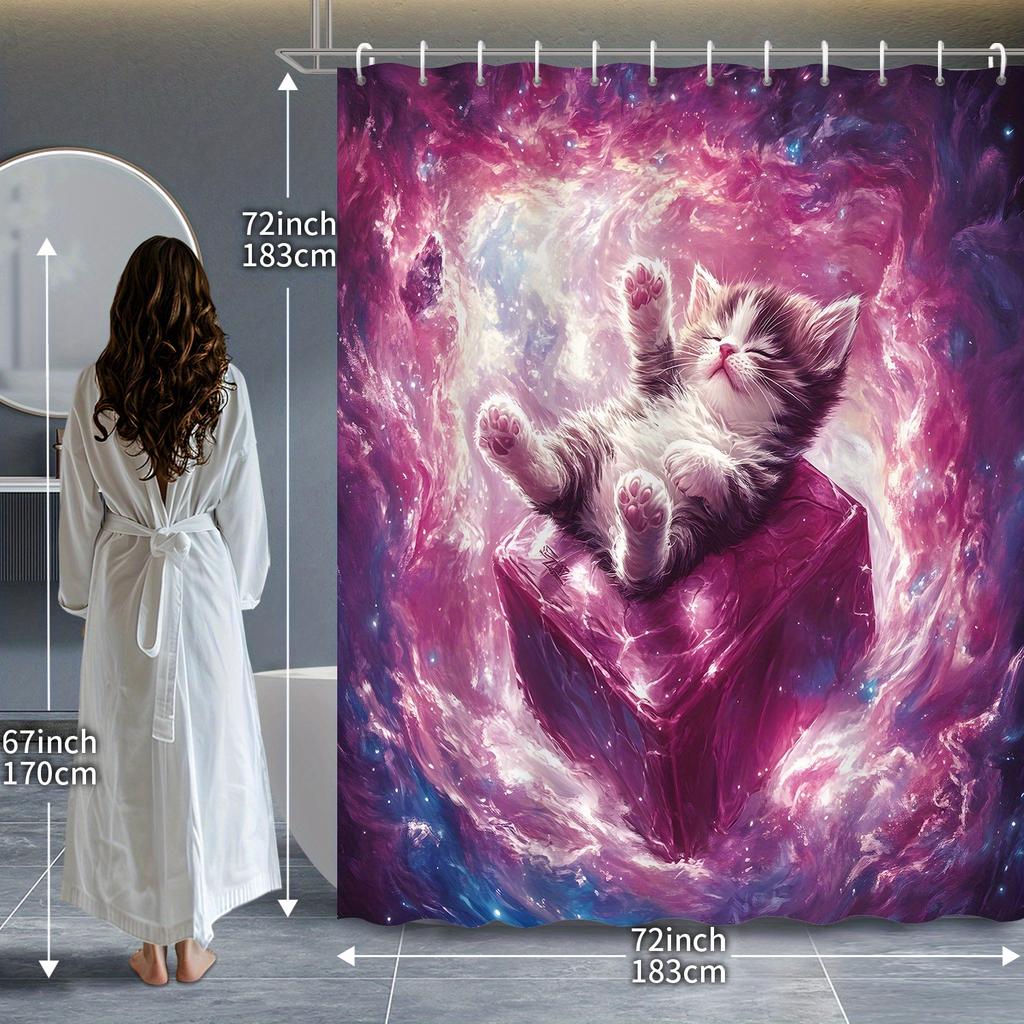 Cute Cat Starry Sky Cloud Shower Curtain with 12 Hooks – Creative Art Partition & Bathroom Home Decor