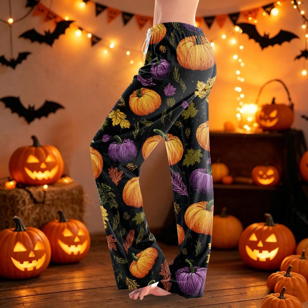Women Drawstring Waist Halloween Printed Long Pajama Pants Casual Relaxed Fit Sleepwear with Elastic for Home Lounge