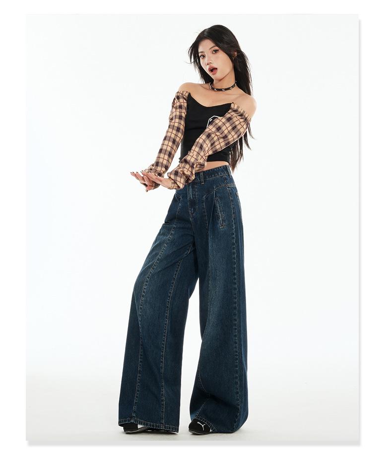 Women's Autumn High-Waisted Hong Kong Style Floor-Sweeping Loose Jeans