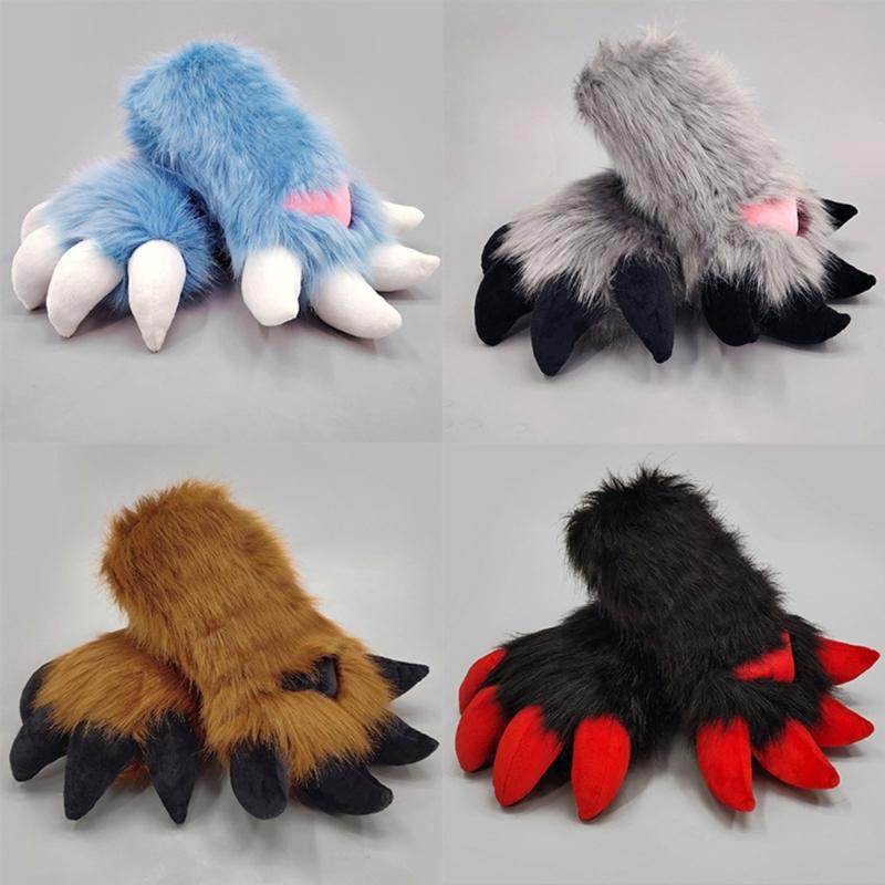Faux Furs Plush Cats Claw Gloves Fursuit Animal Foxes Paws Mittens Halloween Cosplay Costume Accessories Adult Kids