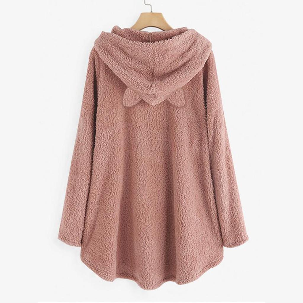 Women Fleece Embroidery Cat Ear Plus Size Hoodie Pocket Top Sweater Blouse