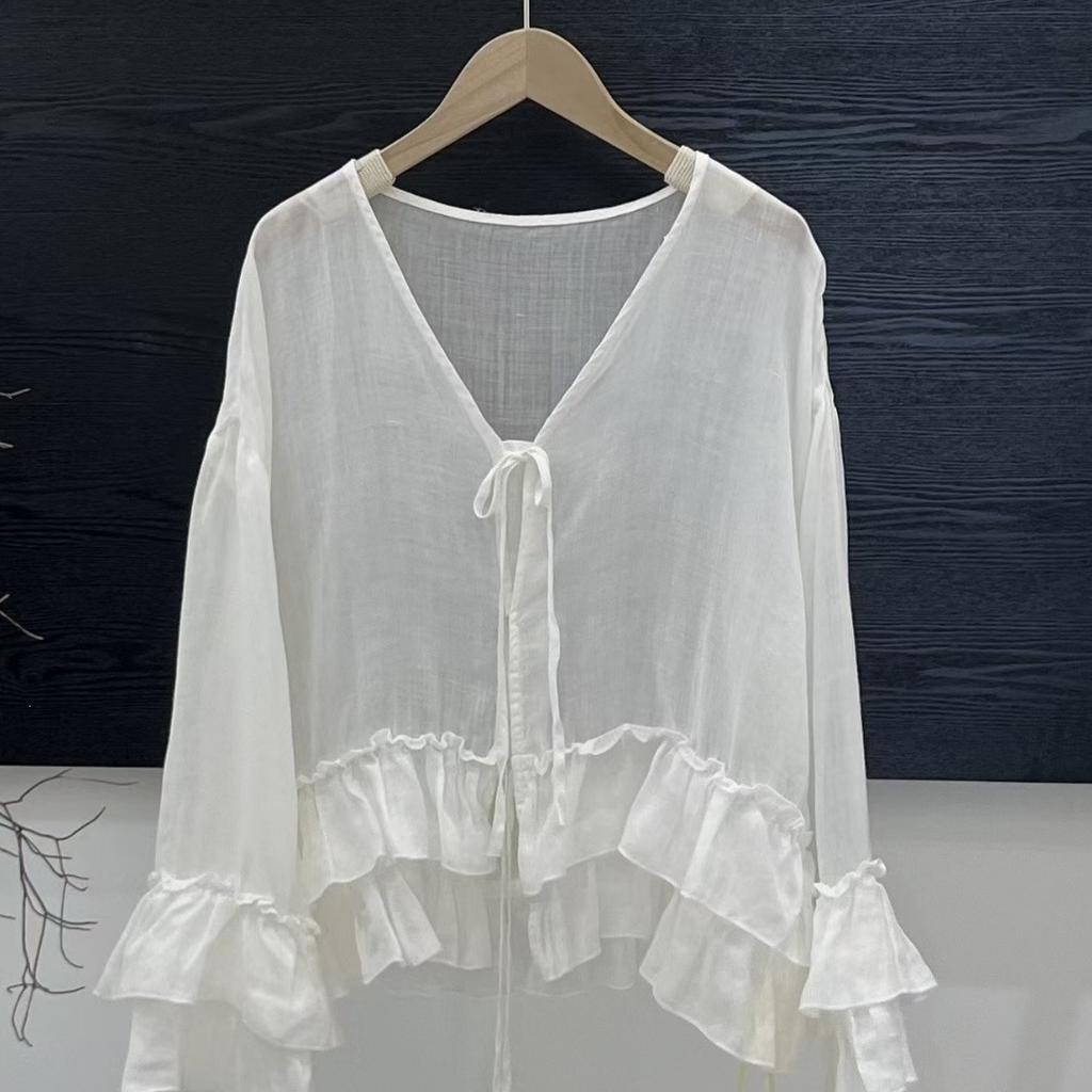Lotus leaf edge temperament lace-up cardigan 1116 spring new, thin ramie loose versatile age-reducing sunscreen top