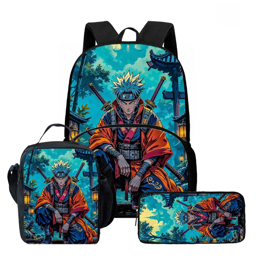 Lightweight NARUTO 3Pcs Set School Backpack Set With Front Pocket Lunch Bag Pencil Bag For Boys Girls Children Aged 5-10