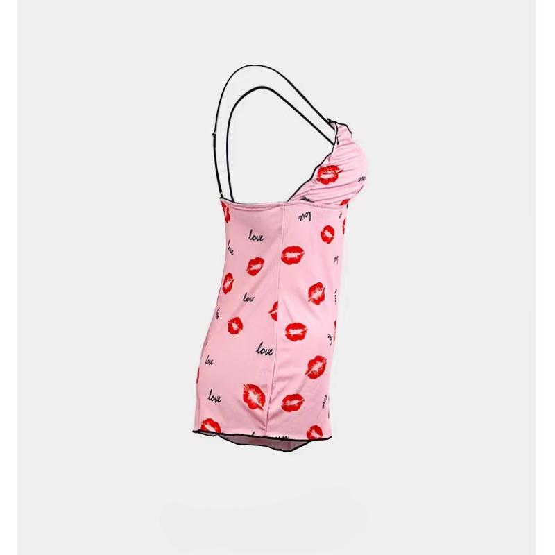 Women's Pajamas One Piece Pajamas Red Lip Printed Sleeveless Pijama Short Onesie Adults V-Neck Suspenders Funny Pajamas Bodysuit
