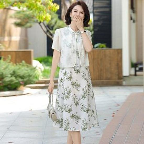 Elegant Loose-Fit Chiffon Dress with Wide-Leg Skirt for Middle-Aged and Elderly Women