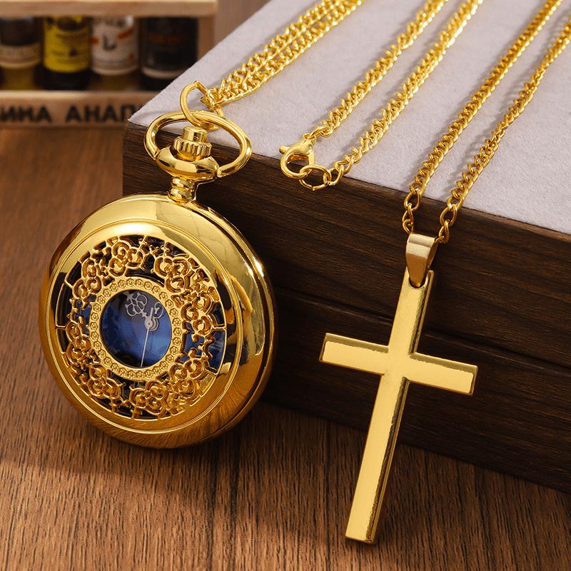 

2 шт./набір, Чоловічі кишенькові годинники 1 шт. Чоловічий розкішний модний дизайн Золотий кварцовий кишеньковий годинник та 1 шт. Класичне золоте намисто з хрестом Подарунок, Ідеально для подарунків