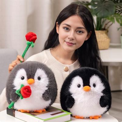 Cartoon Penguin Plush Toy with Rose Flower Animal Plushie Stuffed Comfort Doll Pillow Home Office Bedroom Decoration Kids Adults Christmas