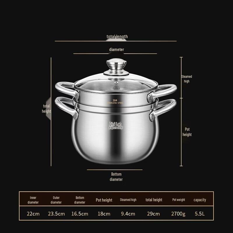316 Stainless Steel 22CM Deep Soup Pot with Steamer Set