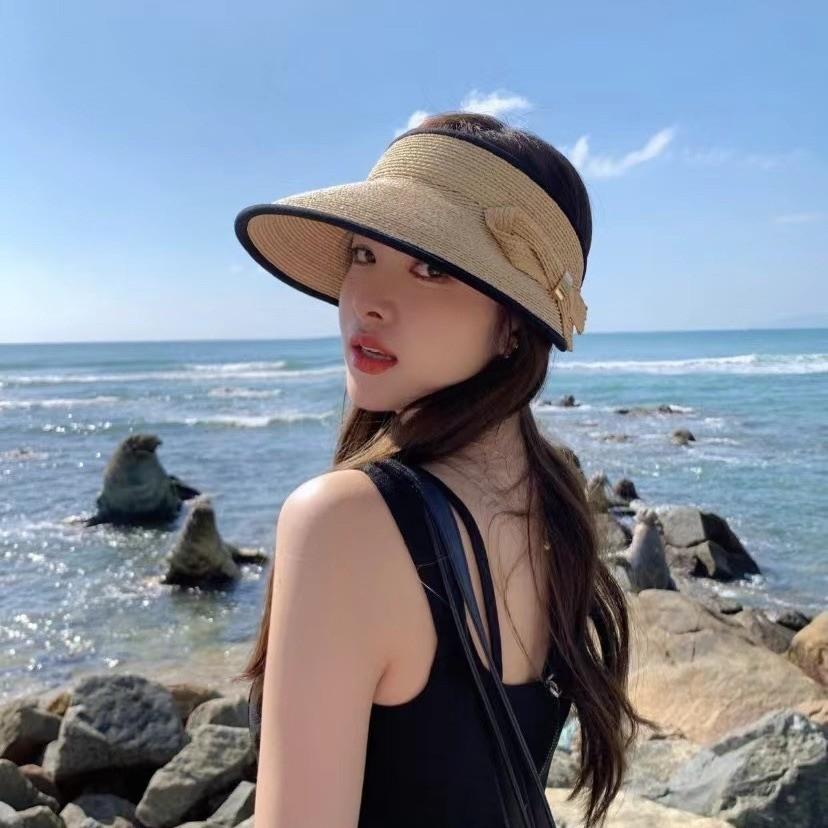 UV Protection Big Eaves Raffia Empty Top Cycling Hat Women's Sun Protection Sun Hat Summer Straw Hat Duck Tongue Sun Hat