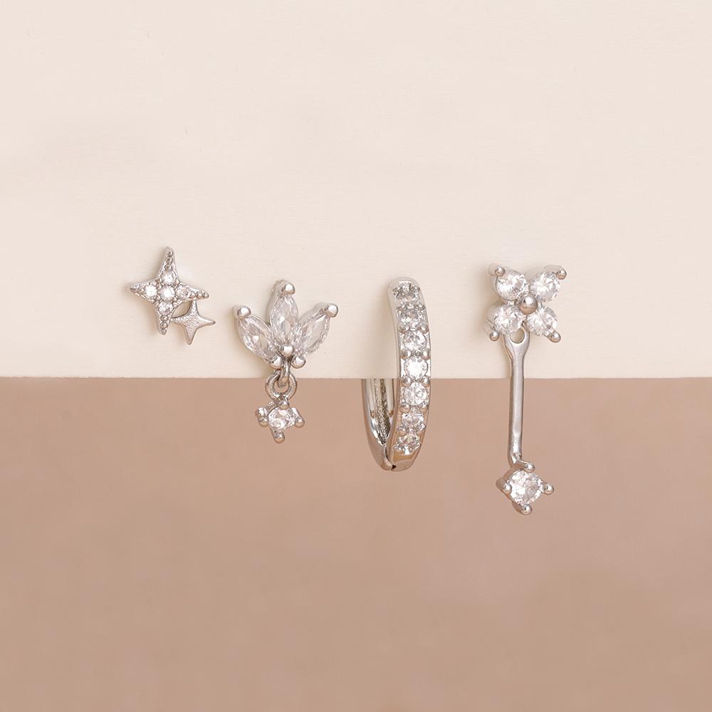 4PCS Zircon Star Moon Flower Small Hoop Earrings Set For Women Stainless Steel Huggies Pendant Piercing Earrings Jewelry Aretes