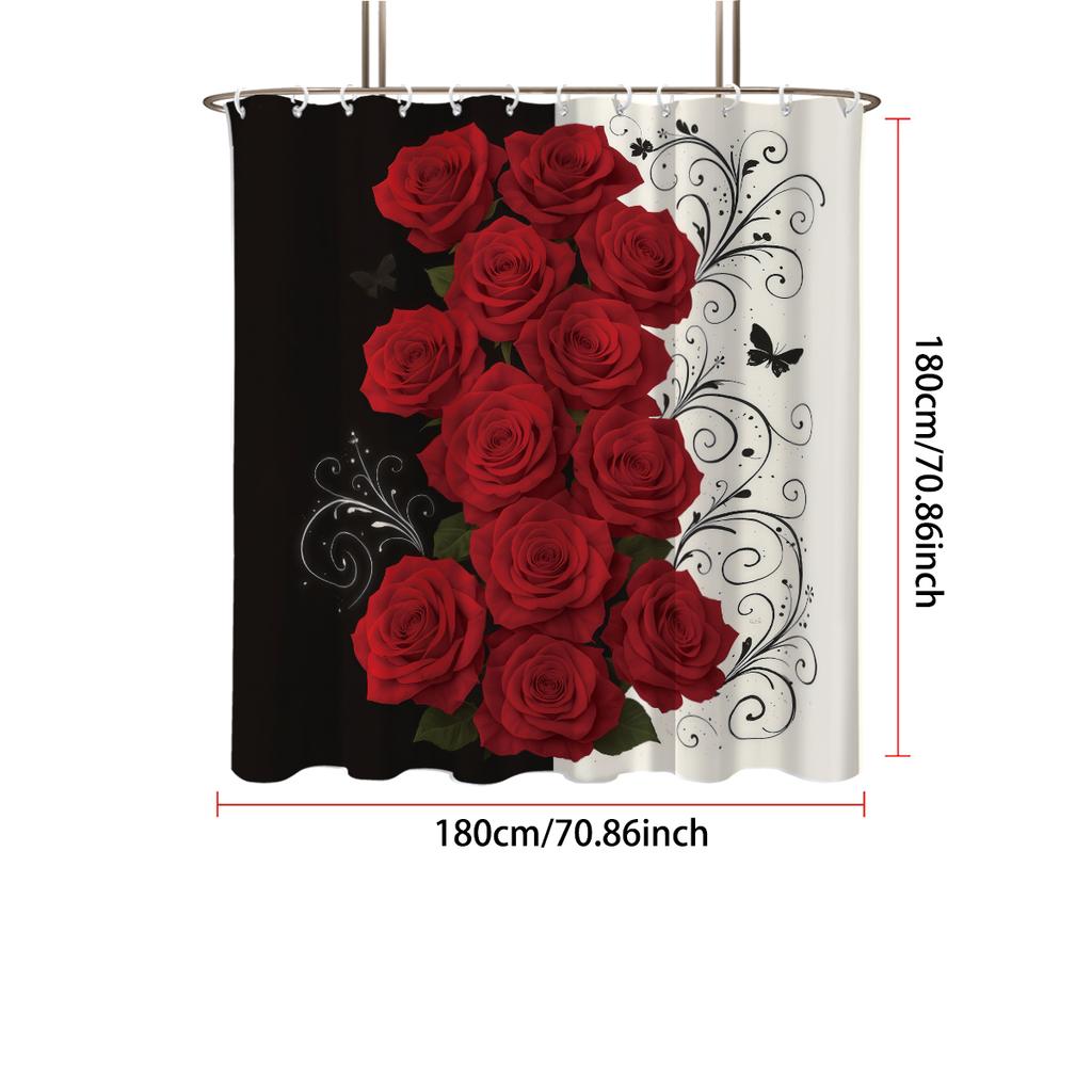 1pc Rose Printed Shower Curtain, Shower Partition, Privacy Hanging Curtain with 12 Hooks, Multiple Sizes, Easy Installation
