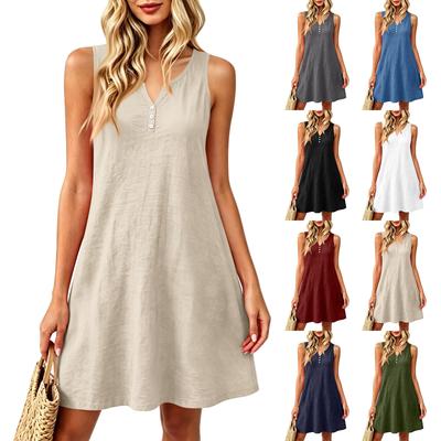 Summer Dresses Loose V Neck Sleeveless Sundresses Swimsuit Coverup With Pockets