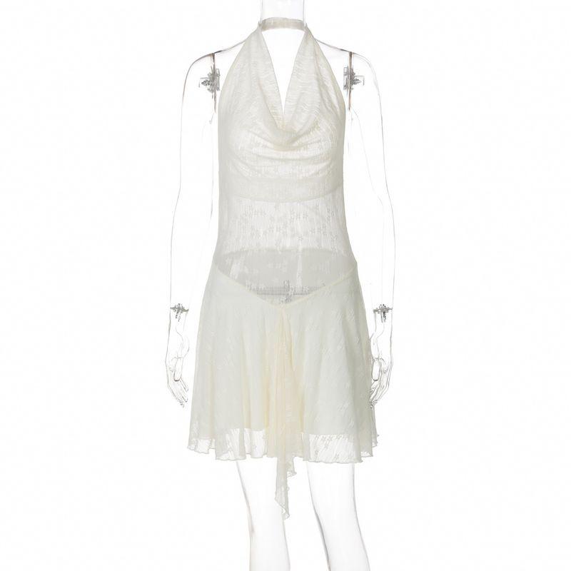 

Perspective Neck Hanging Backless Dress Lace See-through Halter Backless Dress Apricot color S