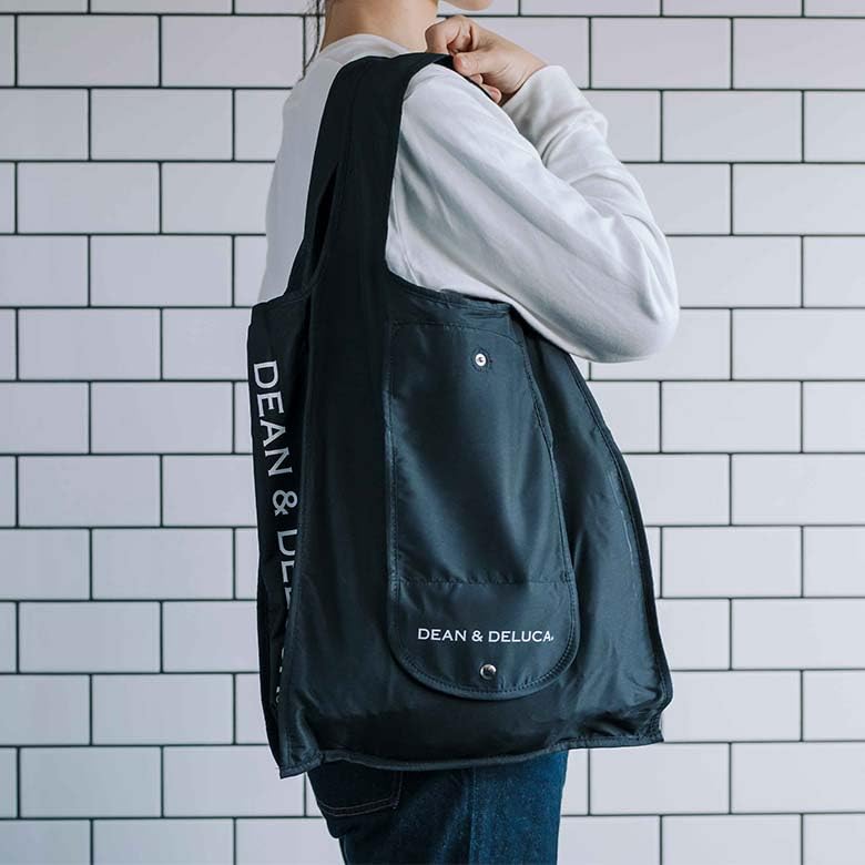 Dean & Deluca Shopping Bag, Black, Eco Bag, Foldable, Lightweight, Compact, 43 x 37 x 14 cm