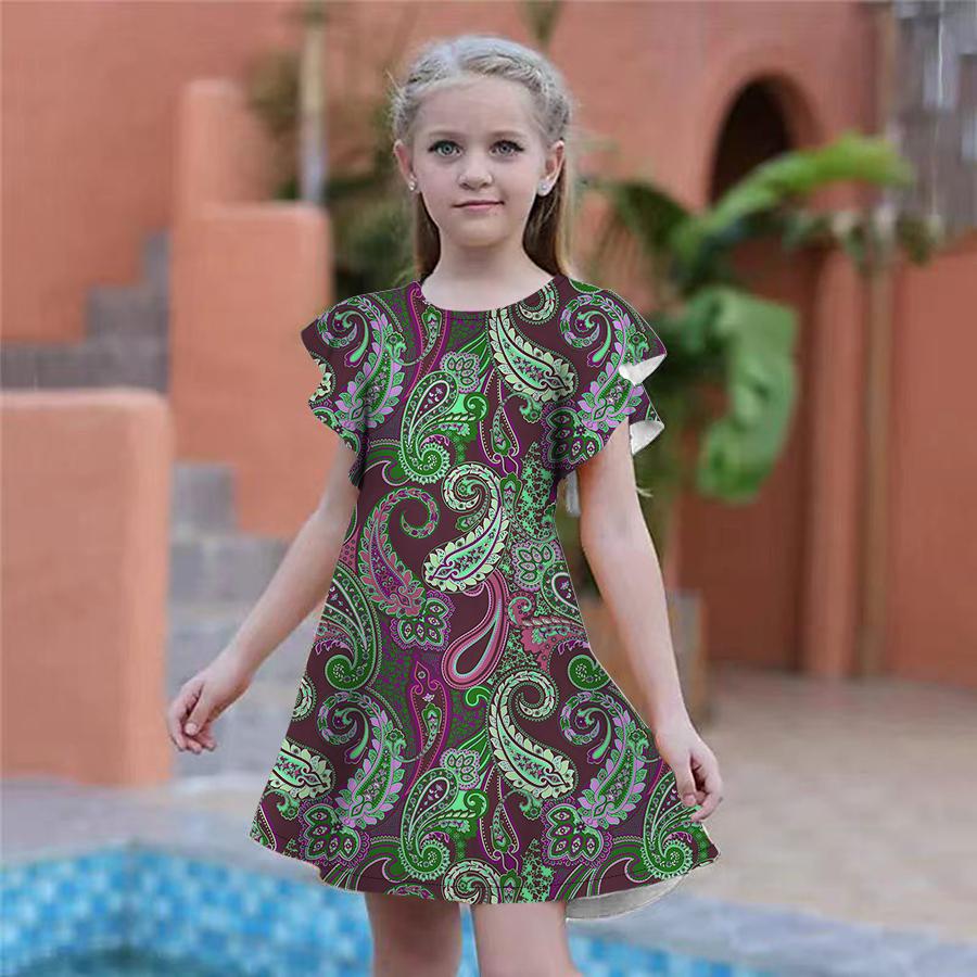 Girls Golden Cashews Print Dresses Kids Girl Party Dress Loose Fitting Loose Fitting Short Sleeved Skirt For Girls Over Four Years Old