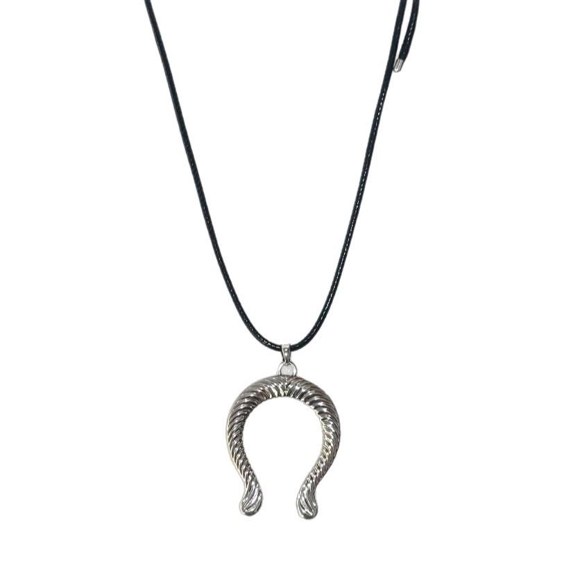 Industrial Chic Horseshoe Pendant Necklace with Black Wax Cord - Unique, Fashionable & Versatile Sweater Chain