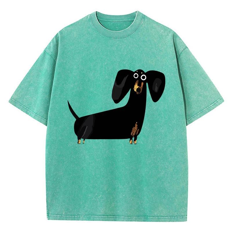Funny Dachshund Dog Printing Washed T-Shirt Women Cotton T Shirts O-Neck Oversized Acid Wash Tops Summer Clothes
