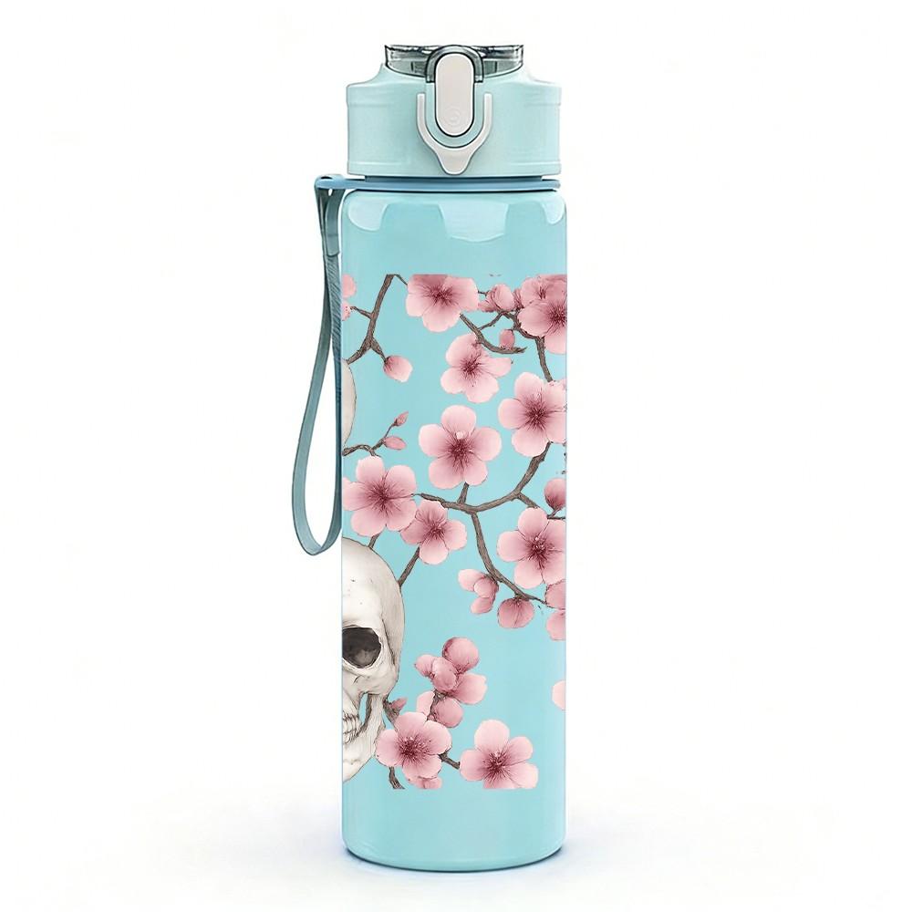 1PC Skull Cherry Blossom Floral Print 750ml Color Plastic Sports Water Bottle Leakproof Flip Straw Lid Suitable for Sports Office Home Use