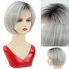 Short Natural Wigs with Bangs Stylish Silver Gray Hair with Dark Roots for Daily Cosplay Use Heat Resistant Fibre
