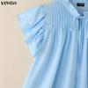 VONDA Women Summer Casual Round Neck Short Sleeve Ruffled Pleating Blouse