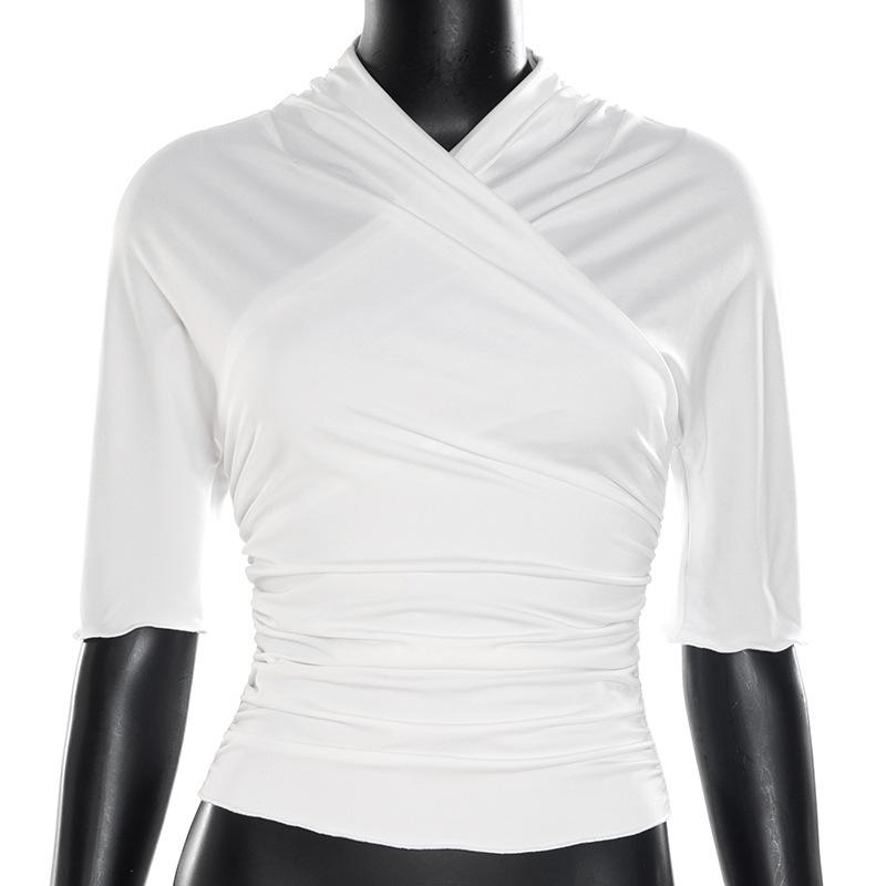 European Cross-Border Slim Fit Shirred Waist Cross Neck Short Sleeve Top Large белый