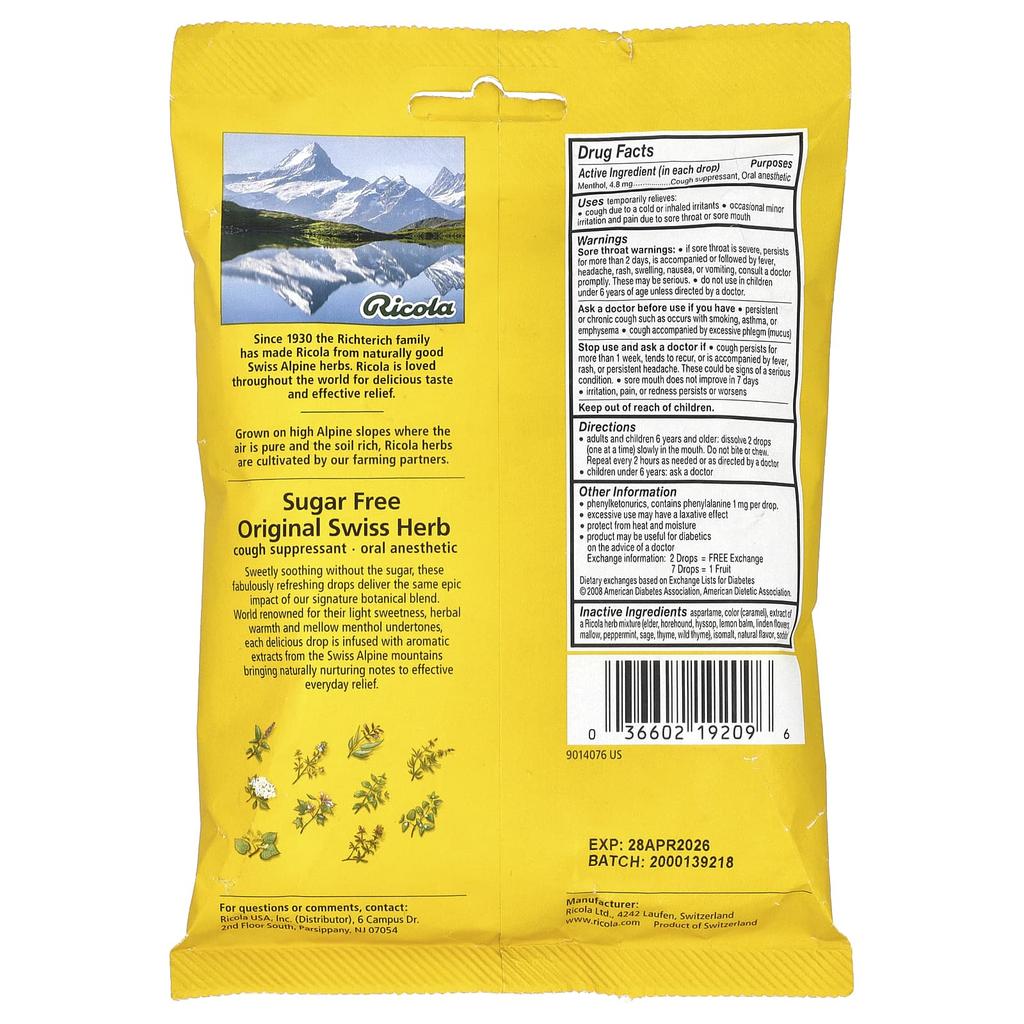 Swiss Herb Cough Relief Drops, Sugar Free, 19 Individually Wrapped