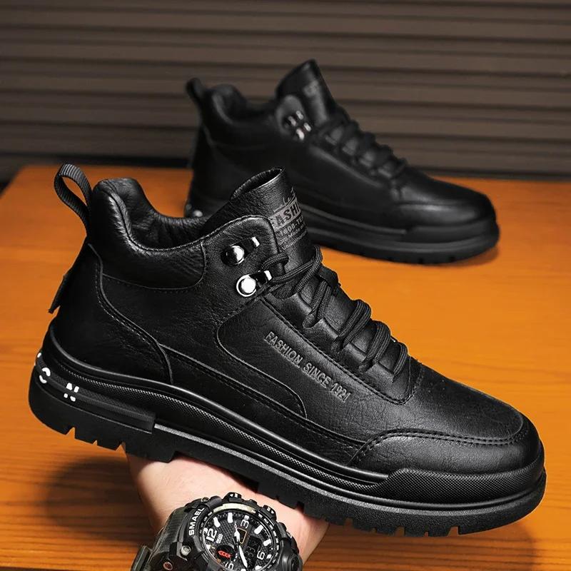 Fashion Men's Biker Boots Casual Mid Top British Tooling Shoe Keep Warm Trendy All-match Popular Motorcycle Lace-up Water Proof Boot Hot