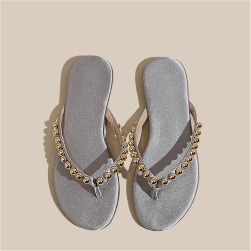Spring and Summer Footwear Plus Size Retro Solid Color Sandals Flat Toe Rhinestone Women's Shoes Sandals Slippers.