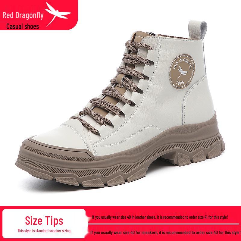 Red Dragonfly Women s Genuine Leather High-Top Spring Martin Boots, Thick Sole, Casual Non-Slip British Style Workwear Boots 37