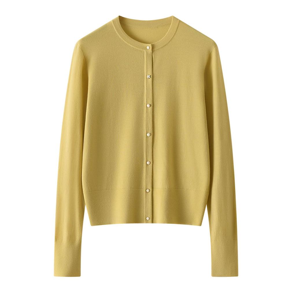 Women's Merino Wool Cardigan - Lightweight, Solid Color, Round Neck, Ideal for Spring & Summer.