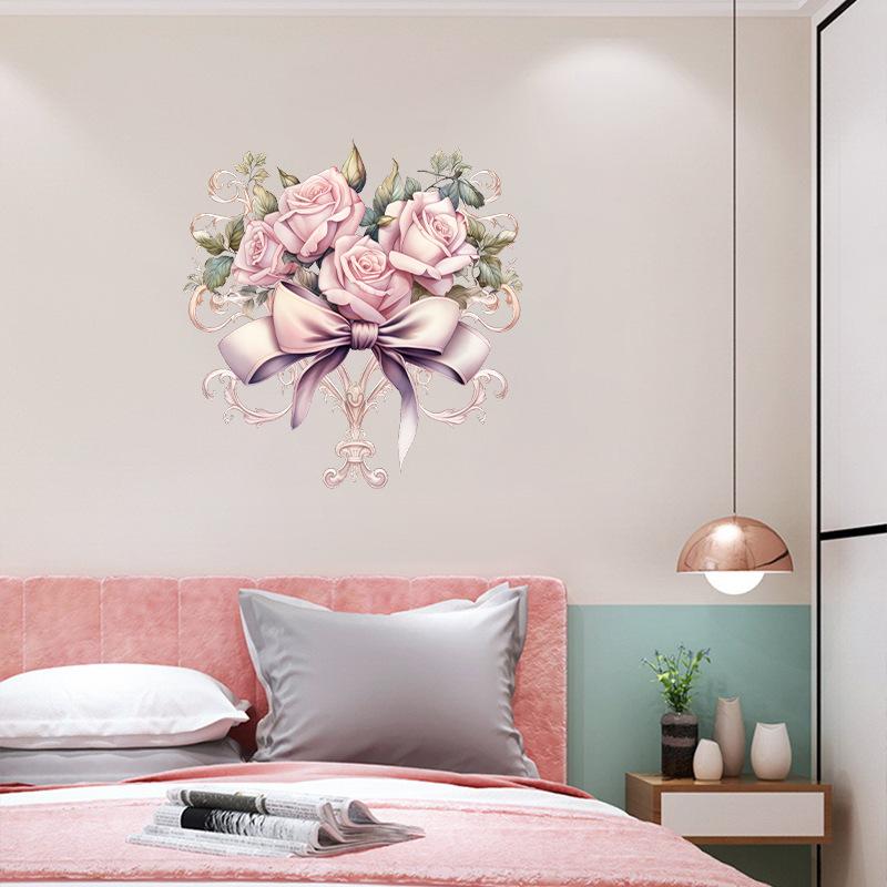 Rosa Rosen Wandsticker Schleifendekor Selbstklebend Romantische Schlafzimmer Kopfteil Hintergrunddekoration Warm Gemütliches Zuhause