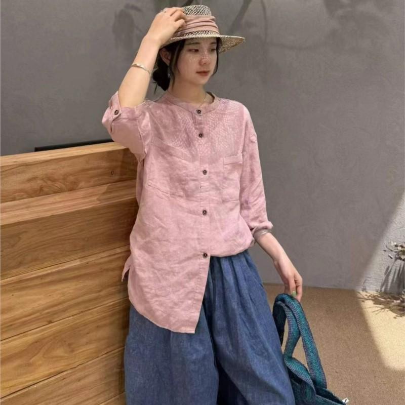 Johnature Casual Shirt Women Summer Retro Loose Versatile Single Breasted Seven Quarter Sleeved Top For Women