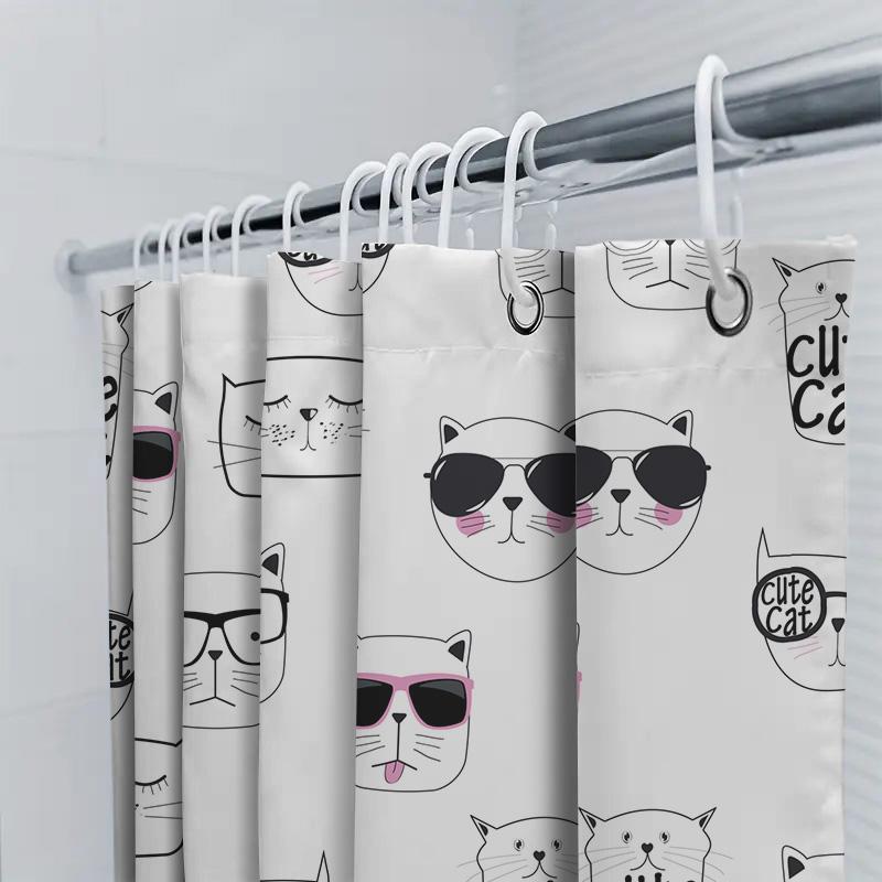 Cute Cat Print Shower Curtain Black White Cartoon Bathroom Decor for Kids Room Water Resistant Fabric, Washable Bath Liner In 24