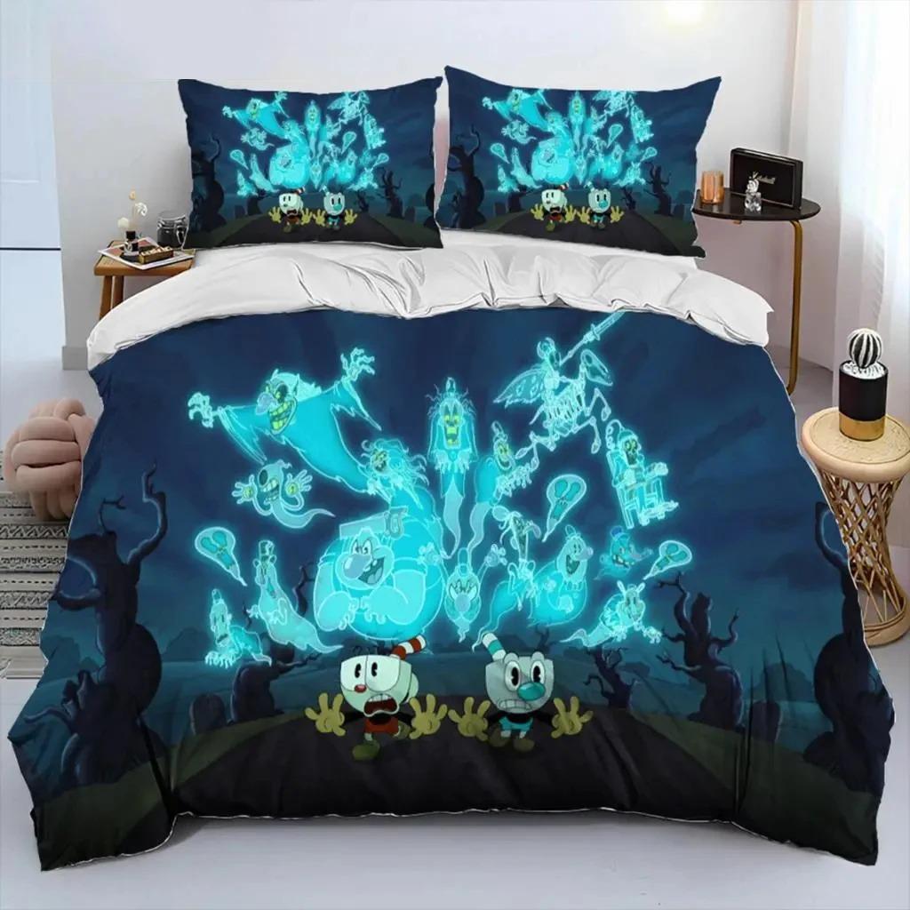 Kreskówkowy Zestaw Pościeli Cuphead i Mugman Chłopcy Dziewczynki Rozmiar Twin Queen Poszwa na Kołdrę Poszewka na Poduszkę Łóżko Dzieci Dorośli Tekstylia Domowe